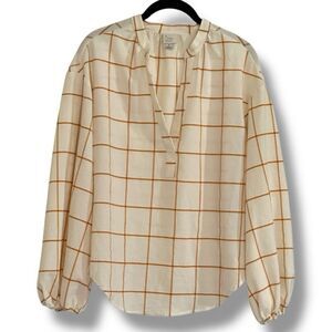 A New Day Cream and Brown Checkered Blouse